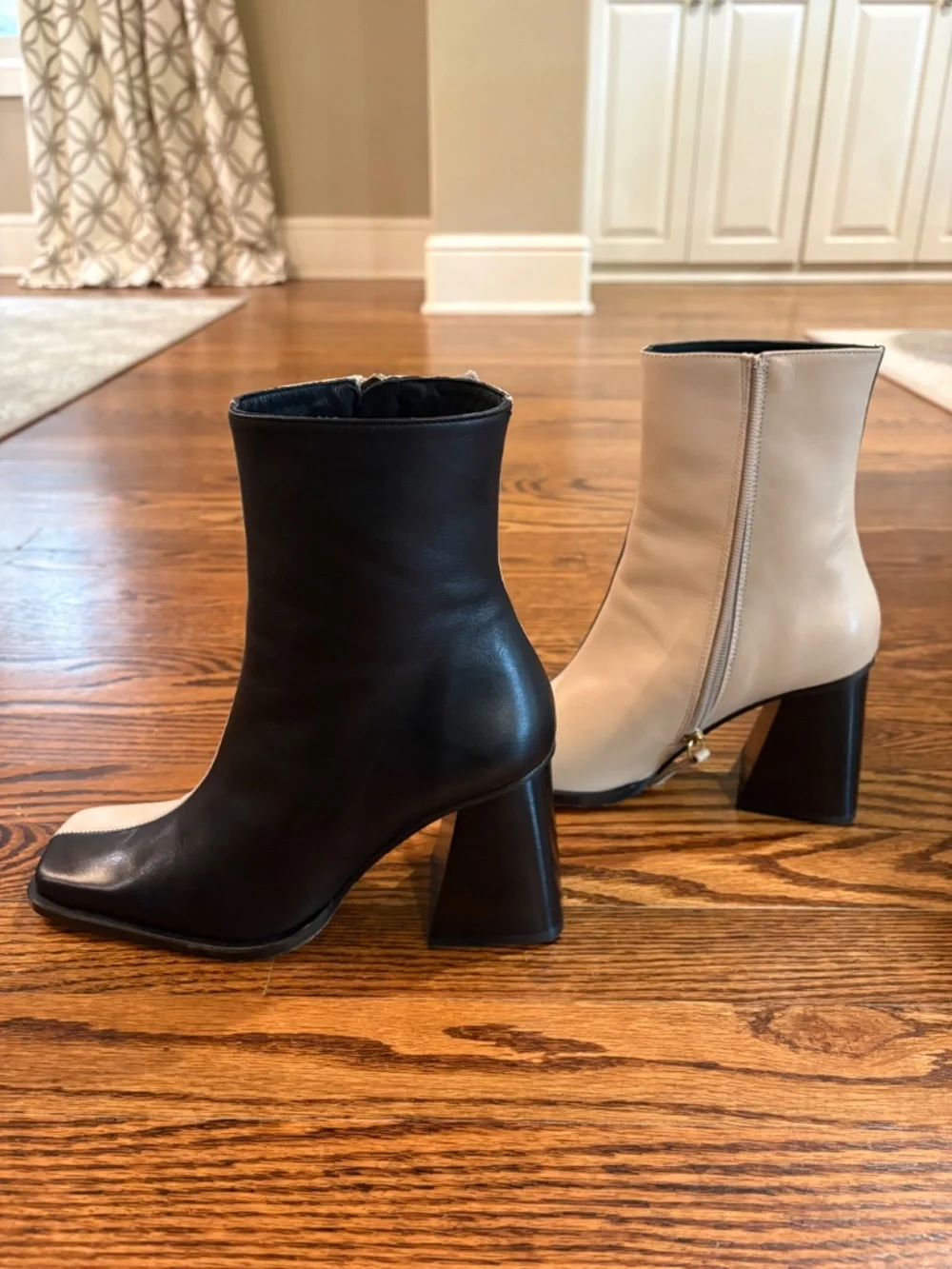 ALOHAS South Bicolor Boots Stone Beige Black Square Toe Block Heel Ankle Boots - Picture 2 of 8